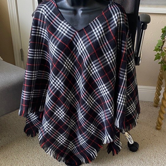 Plaid V-Neck Poncho - Picture 1 of 4
